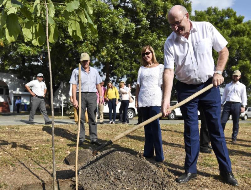 EU Agriculture and Rural Development Commissioner Phil Hogan (R) plant a tree in International Center for Tropical Agriculture (CIAT), during his visit, on February 9, 2016, in Palmira, Colombia. Hogan, in two-day visit to Colombia was accompanied by representatives of agrifood companies from Member States of the European Union, to explore ways of providing support for rural development in Colombia, while the government negotiates an agreement to end the conflict with the FARC guerrillas. The European Union currently supports various rural development programs in Colombia.